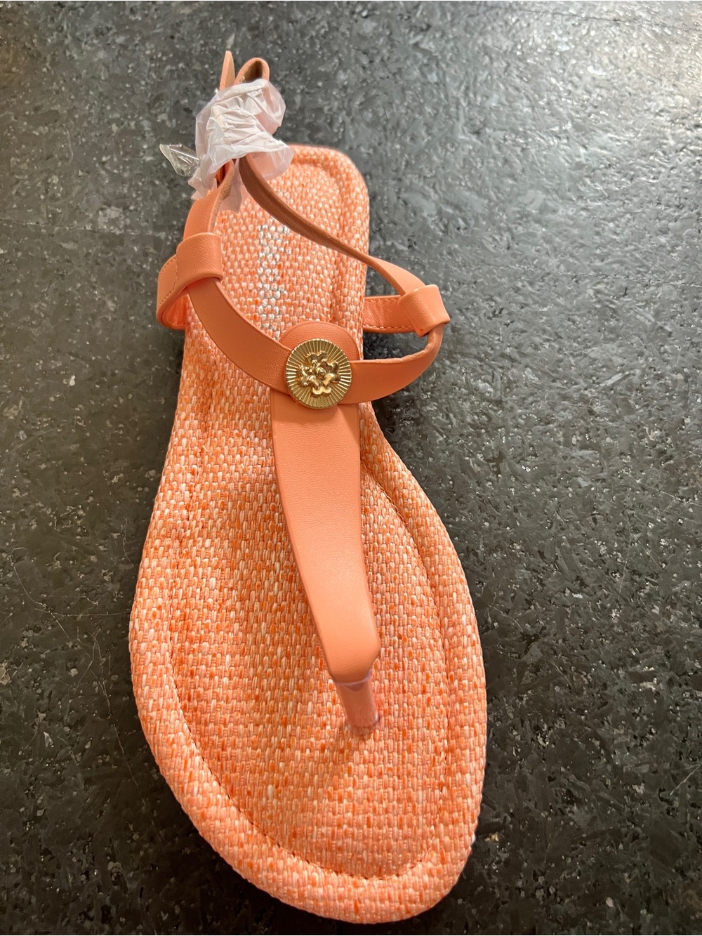 Coral Orange T-Strap Sandal with Gold Medallion Size 6